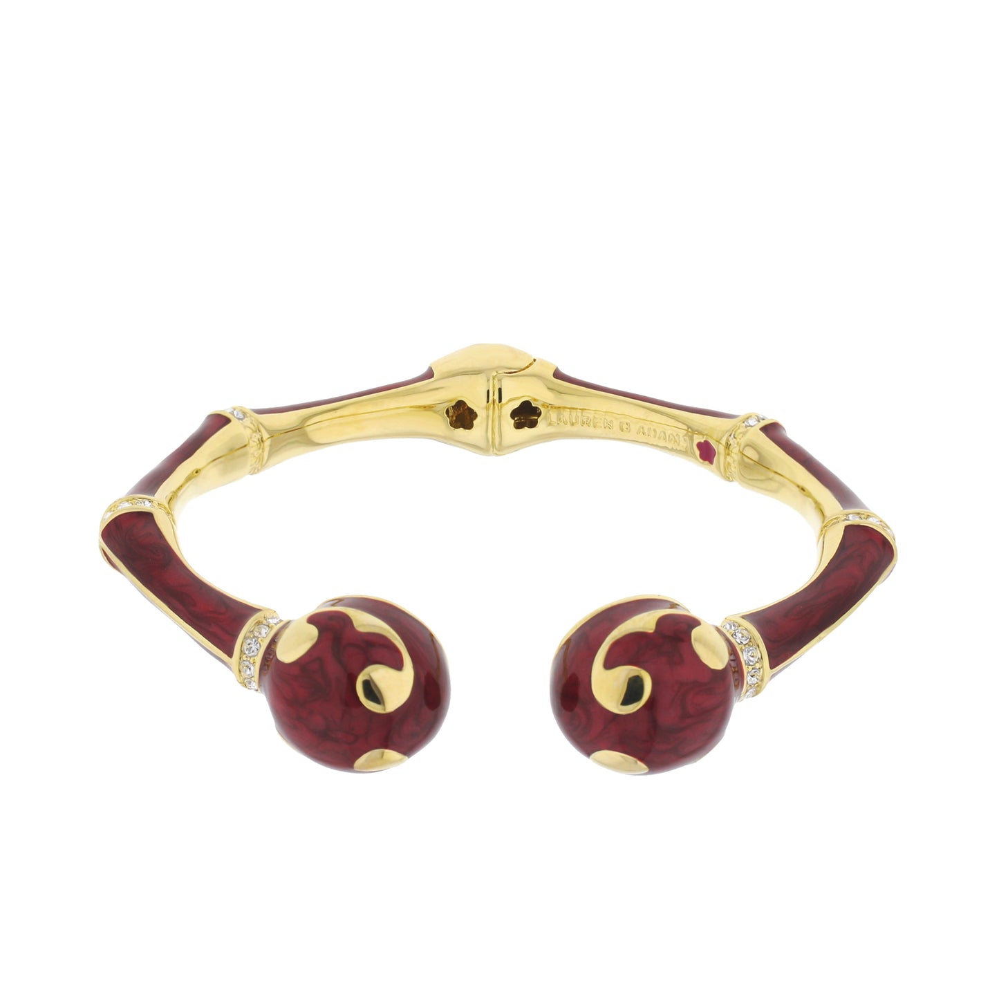 Bamboo Scroll Bangle by Lauren G Adams, hinged gold-tone bracelet with red enamel segments on Tampa Home & Garden Store