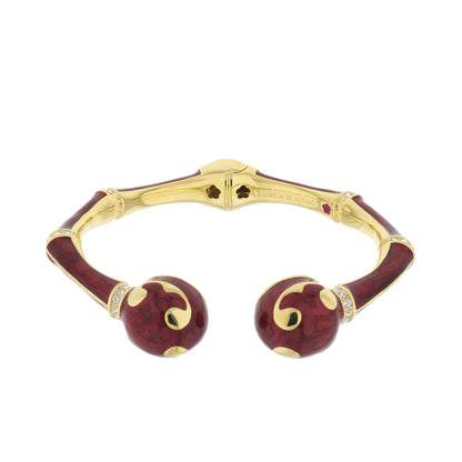 Bamboo Scroll Bangle by Lauren G Adams, hinged gold-tone bracelet with red enamel segments on Tampa Home & Garden Store