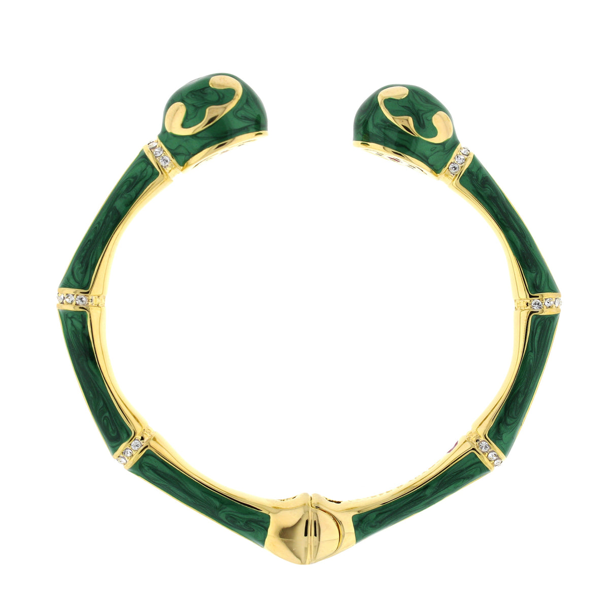 Bamboo Scroll Bangle green enamel hinged bracelet with gold-tone trim and diamond accents on Tampa Home & Garden Store