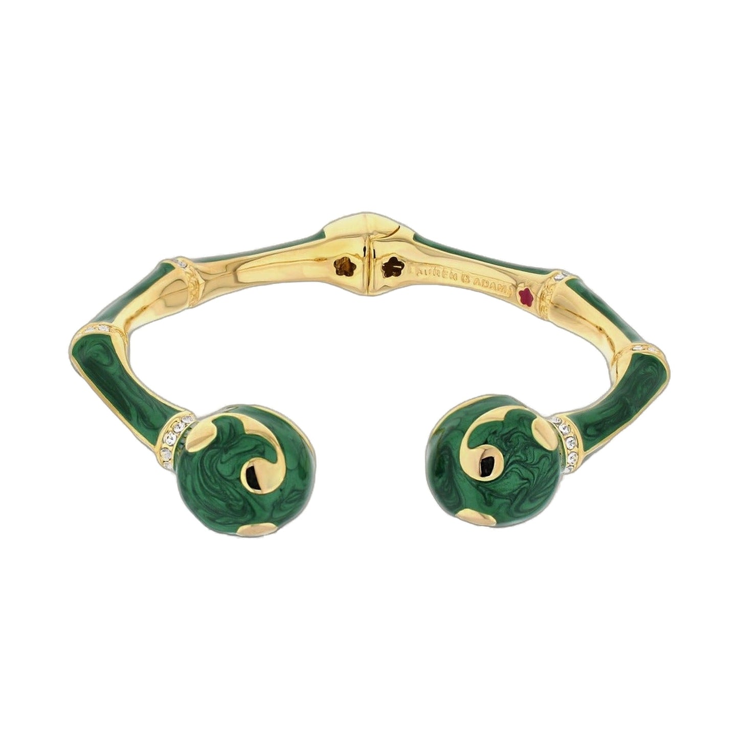 Bamboo Scroll Bangle by Lauren G Adams, gold-tone hinged bracelet with green enamel panels on Tampa Home & Garden Store