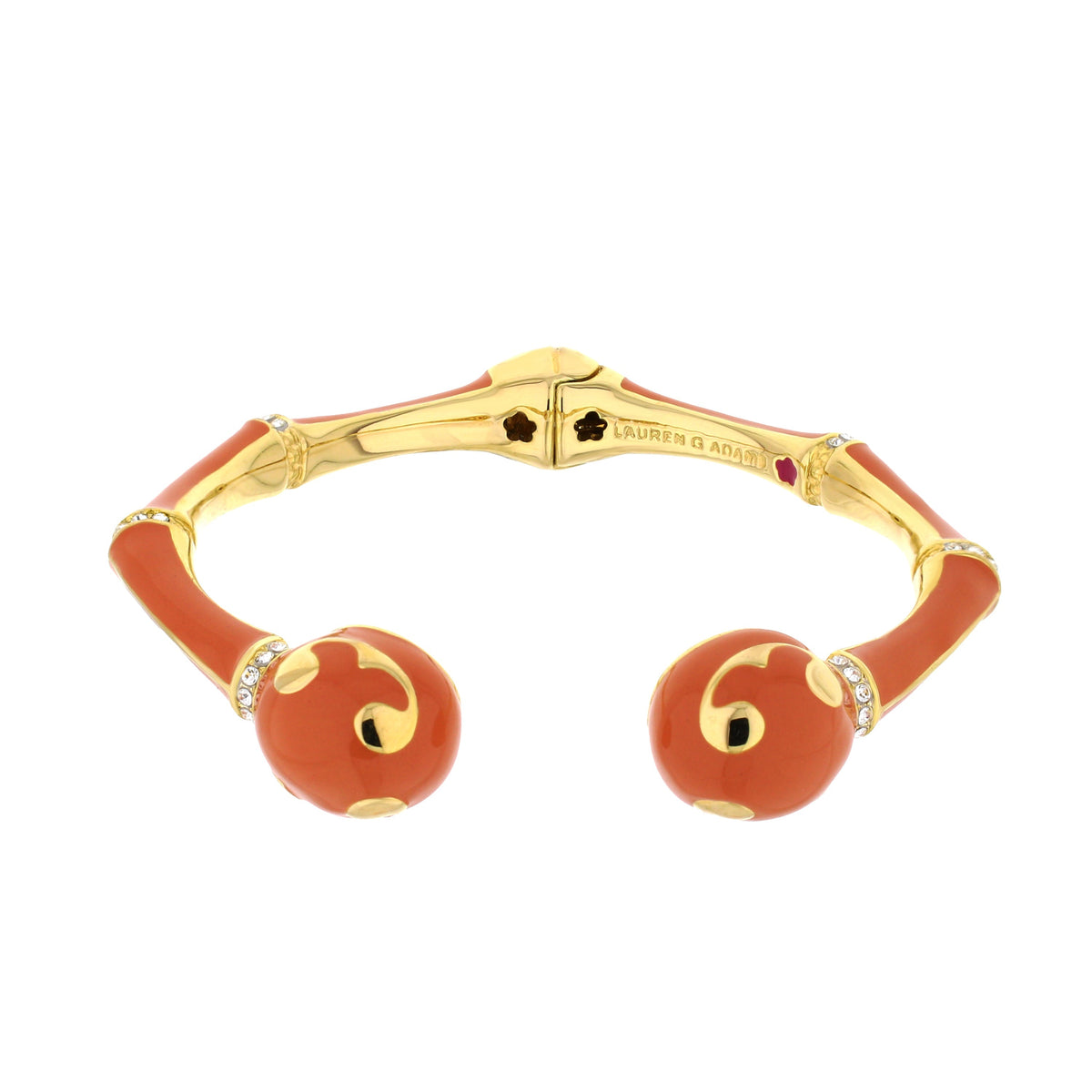 Bamboo Scroll Bangle, Lauren G Adams hinged gold-tone bracelet with orange enamel and crystals on Tampa Home & Garden Store