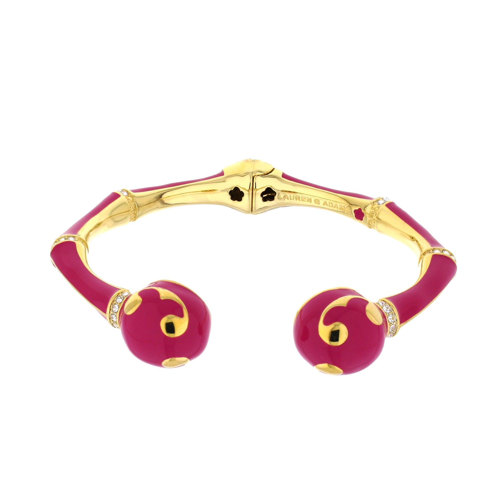 Bamboo Scroll Hinged Bangle by Lauren G Adams gold-tone with pink enamel and crystals on Tampa Home & Garden Store