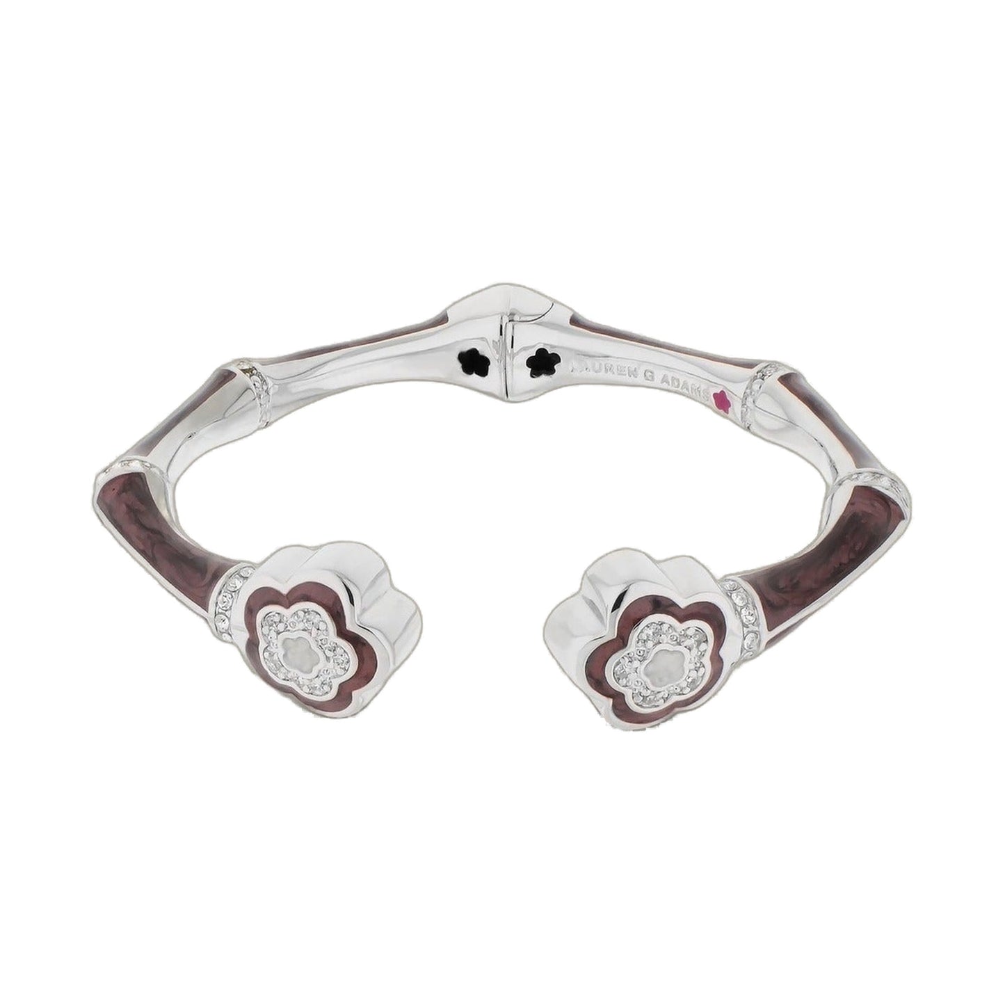 Bamboo Daisy Bangle by Lauren G Adams, silver hinged bracelet with pink enamel flower charms and crystal accents on Tampa Home & Garden Store