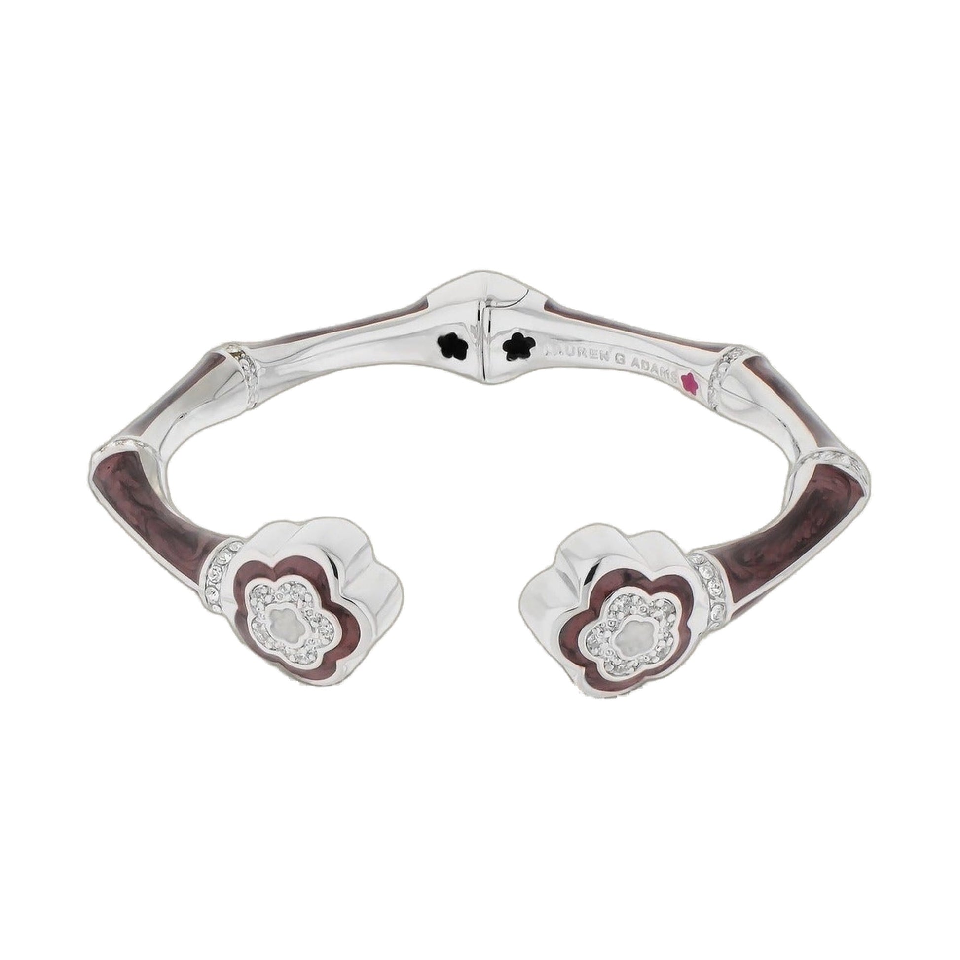 Bamboo Daisy Bangle hinged bracelet by Lauren G Adams; silver-tone with purple enamel flower ends on Tampa Home & Garden Store
