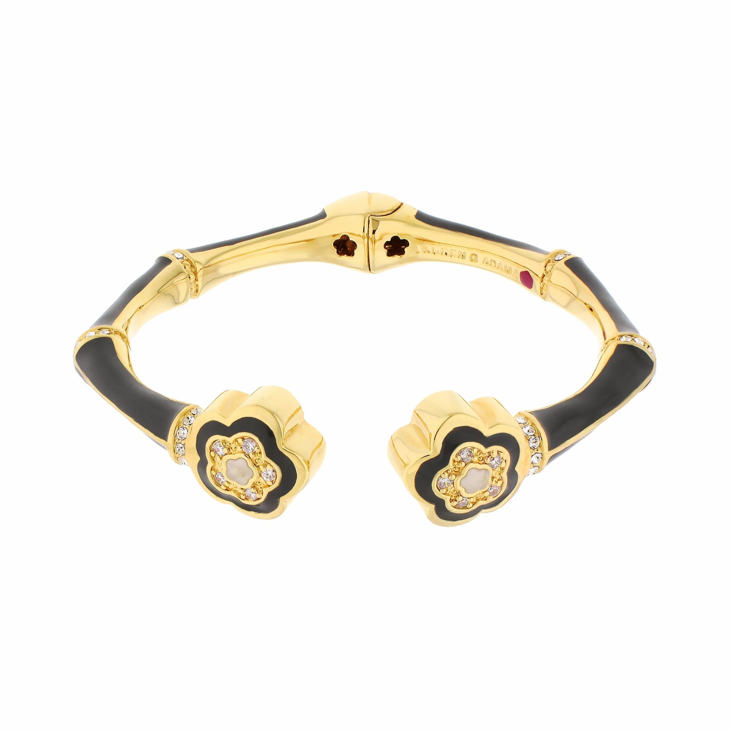 Lauren G Adams Bamboo Daisy Bangle hinged bracelet in gold with black enamel and daisy motif on Tampa Home & Garden Store