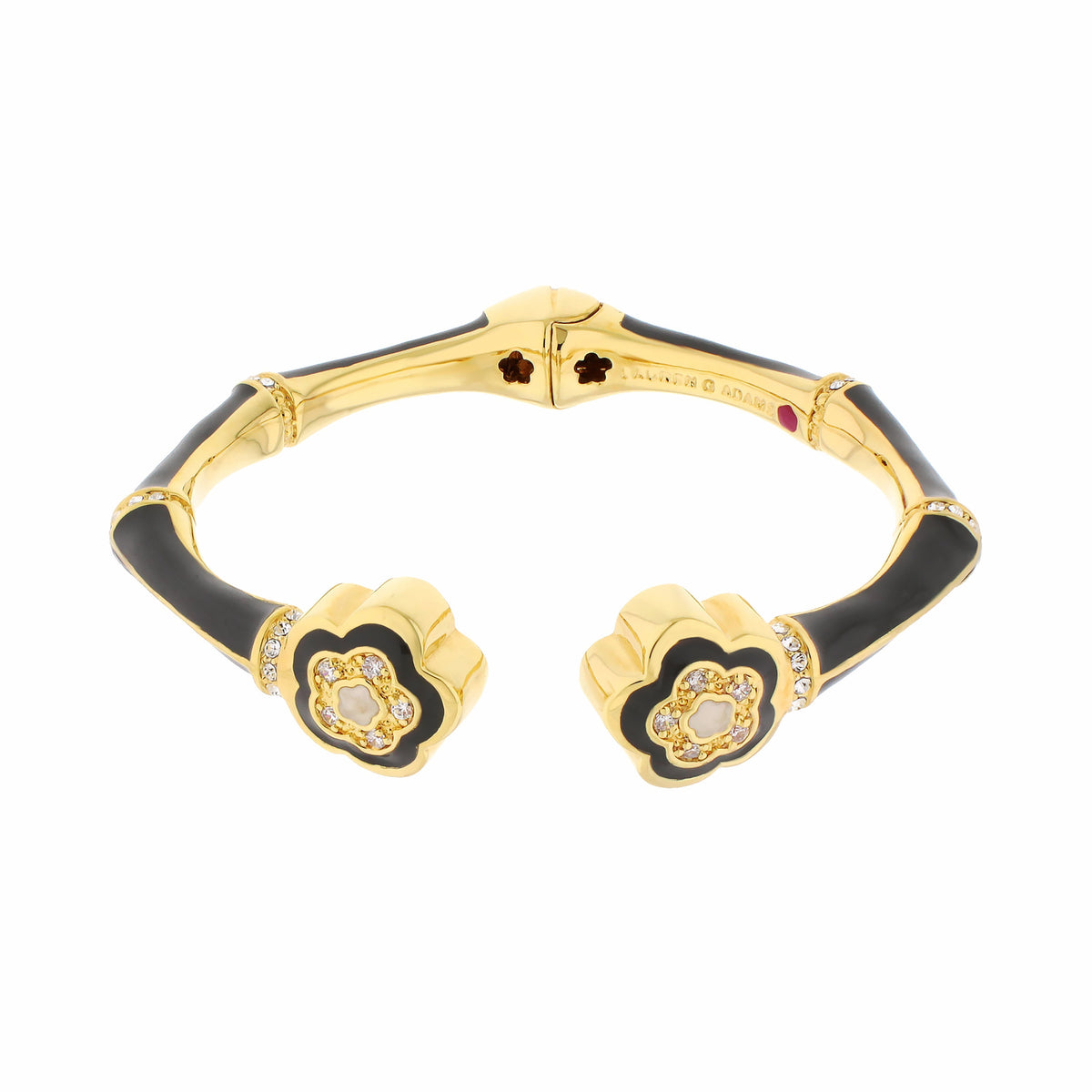 Lauren G Adams Bamboo Daisy Bangle hinged bracelet in gold with black enamel and daisy motif on Tampa Home & Garden Store