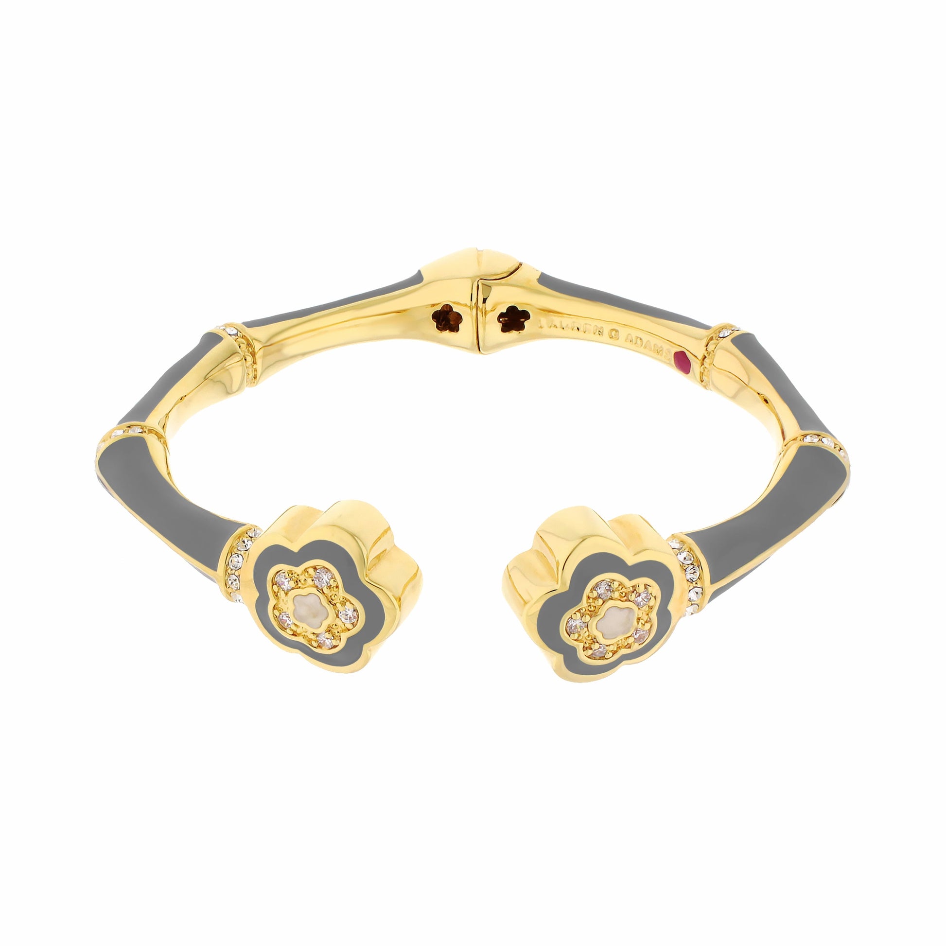 Bamboo Daisy Bangle by Lauren G Adams, goldtone hinged bracelet with gray enamel and daisies on Tampa Home & Garden Store