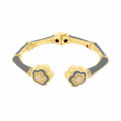 Bamboo Daisy Bangle by Lauren G Adams, goldtone hinged bracelet with gray enamel and daisies on Tampa Home & Garden Store