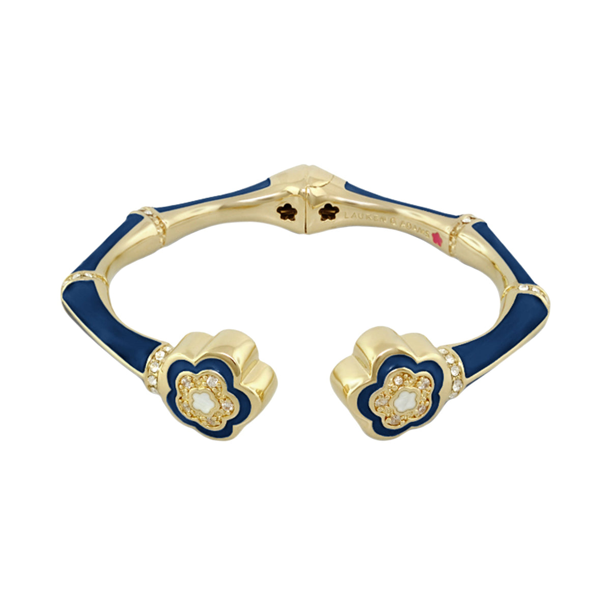 Bamboo Daisy Bangle by Lauren G Adams, gold-tone hinged bracelet with blue enamel on Tampa Home & Garden Store