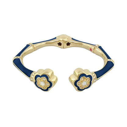 Bamboo Daisy Bangle by Lauren G Adams, gold-tone hinged bracelet with blue enamel on Tampa Home & Garden Store