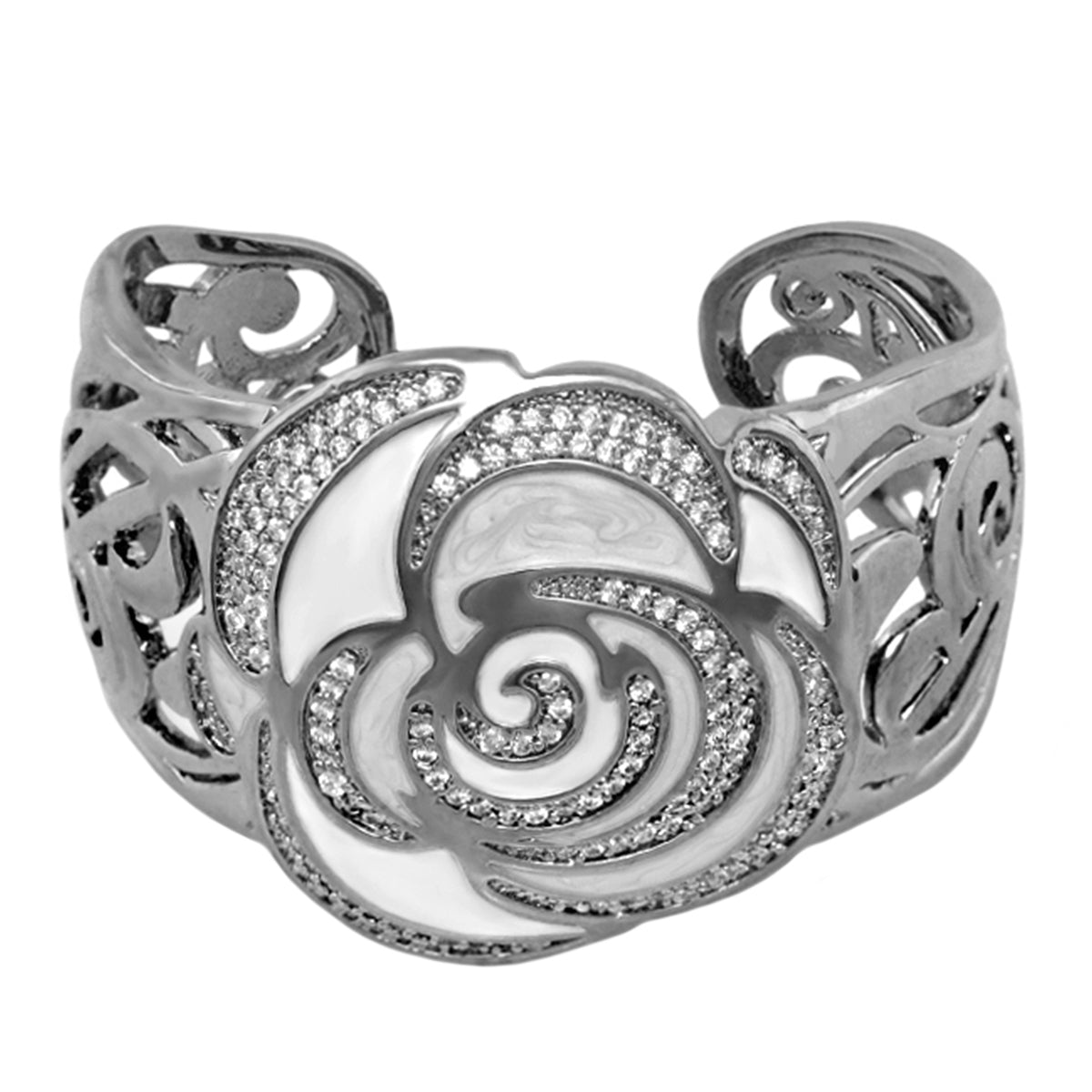 Roses Are Red Bangle bracelet by Lauren G Adams, silver-tone with crystal rose centerpiece on Tampa Home & Garden Store