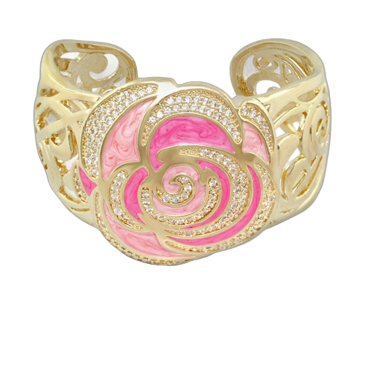 Roses Are Red Bangle cuff bracelet pink rose motif in gold-tone with crystals on Tampa Home & Garden Store