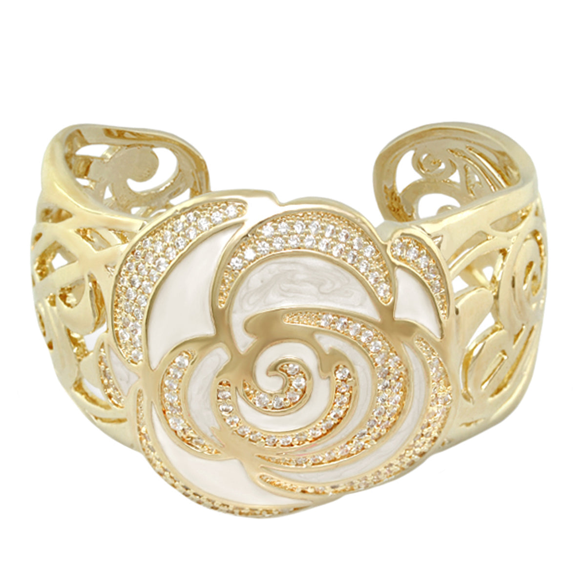 Roses Are Red Bangle cuff bracelet by Lauren G Adams, gold tone with crystal rose centerpiece on Tampa Home & Garden Store