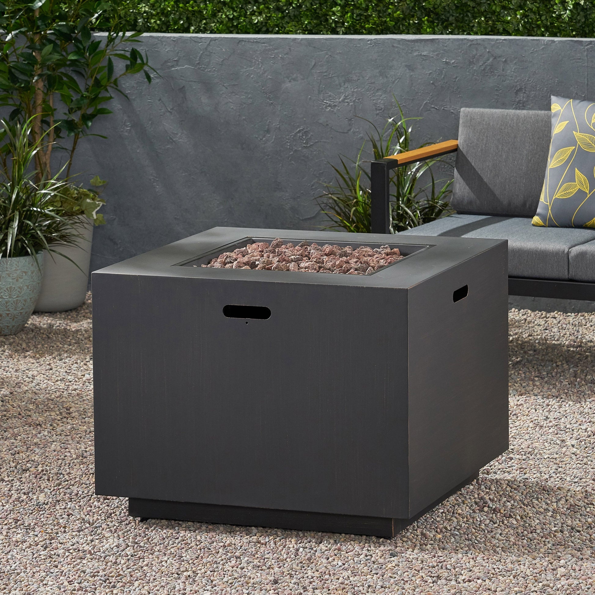 33in outdoor iron square propane fire pit in brushed brown with rocks by HouseOfZazla on Tampa Home & Garden Store