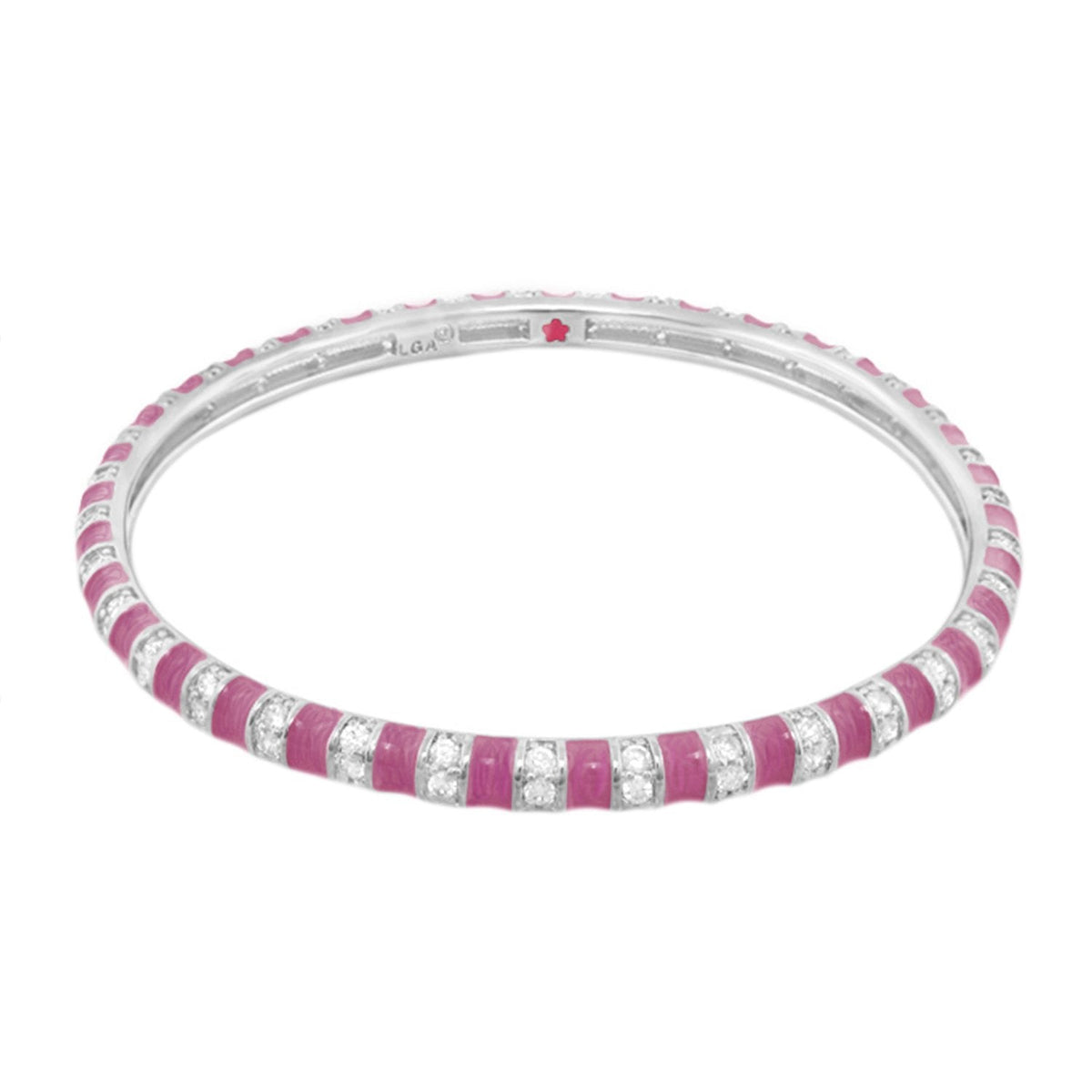 Stripe Tease Stackable Bangle pink enamel segments with clear stones on silver bracelet on Tampa Home & Garden Store
