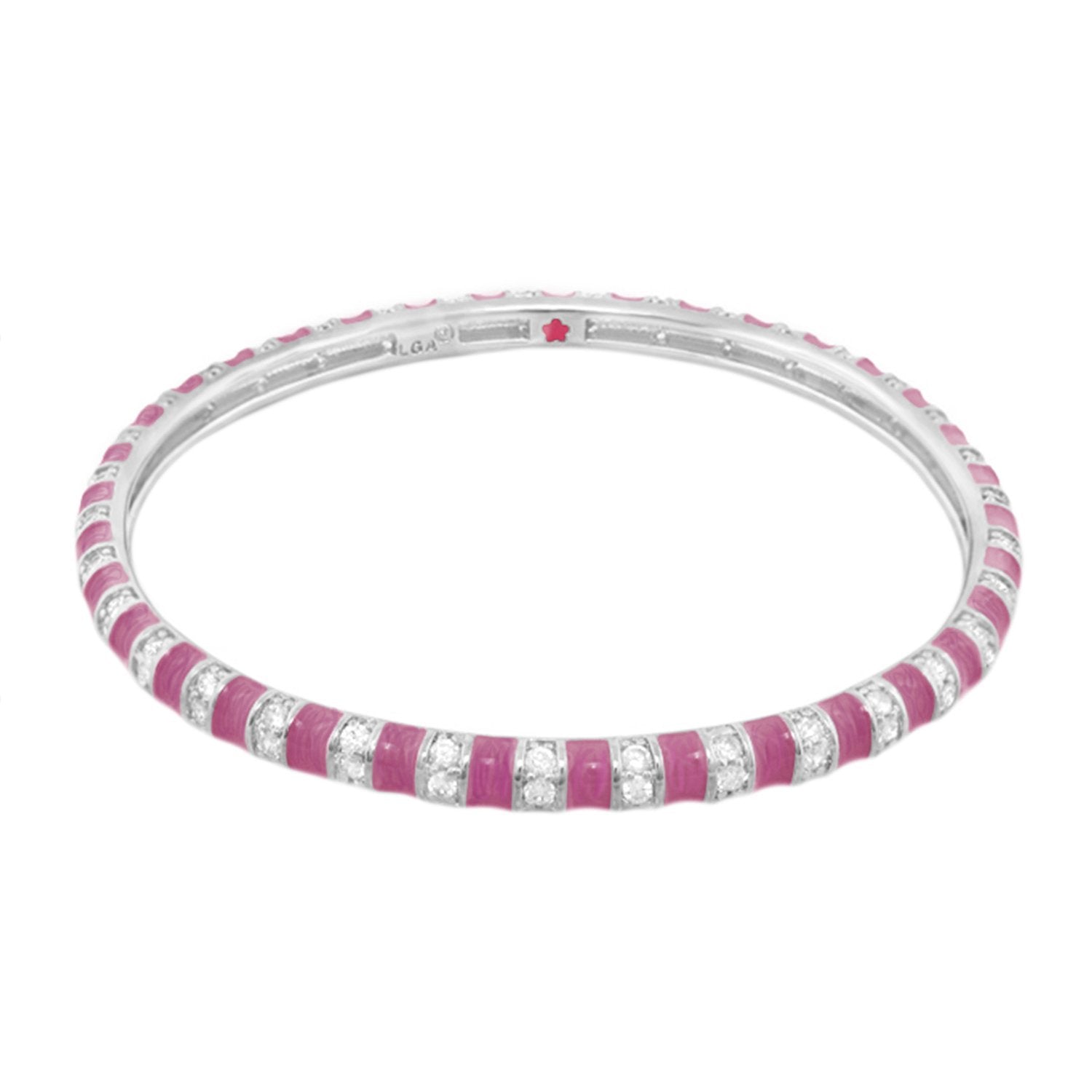 Stripe Tease Stackable Bangle pink enamel segments with clear stones on silver bracelet on Tampa Home & Garden Store