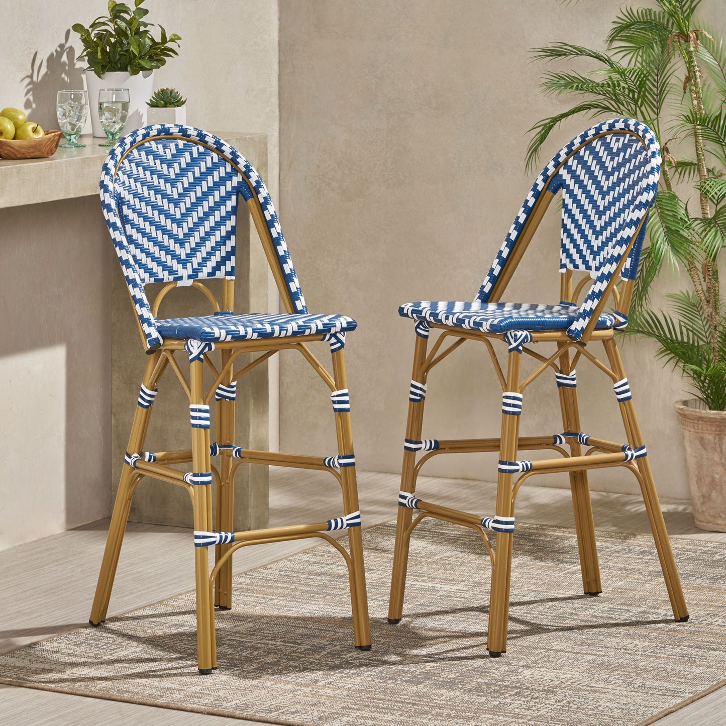Outdoor Rattan French Barstool Set for Patio