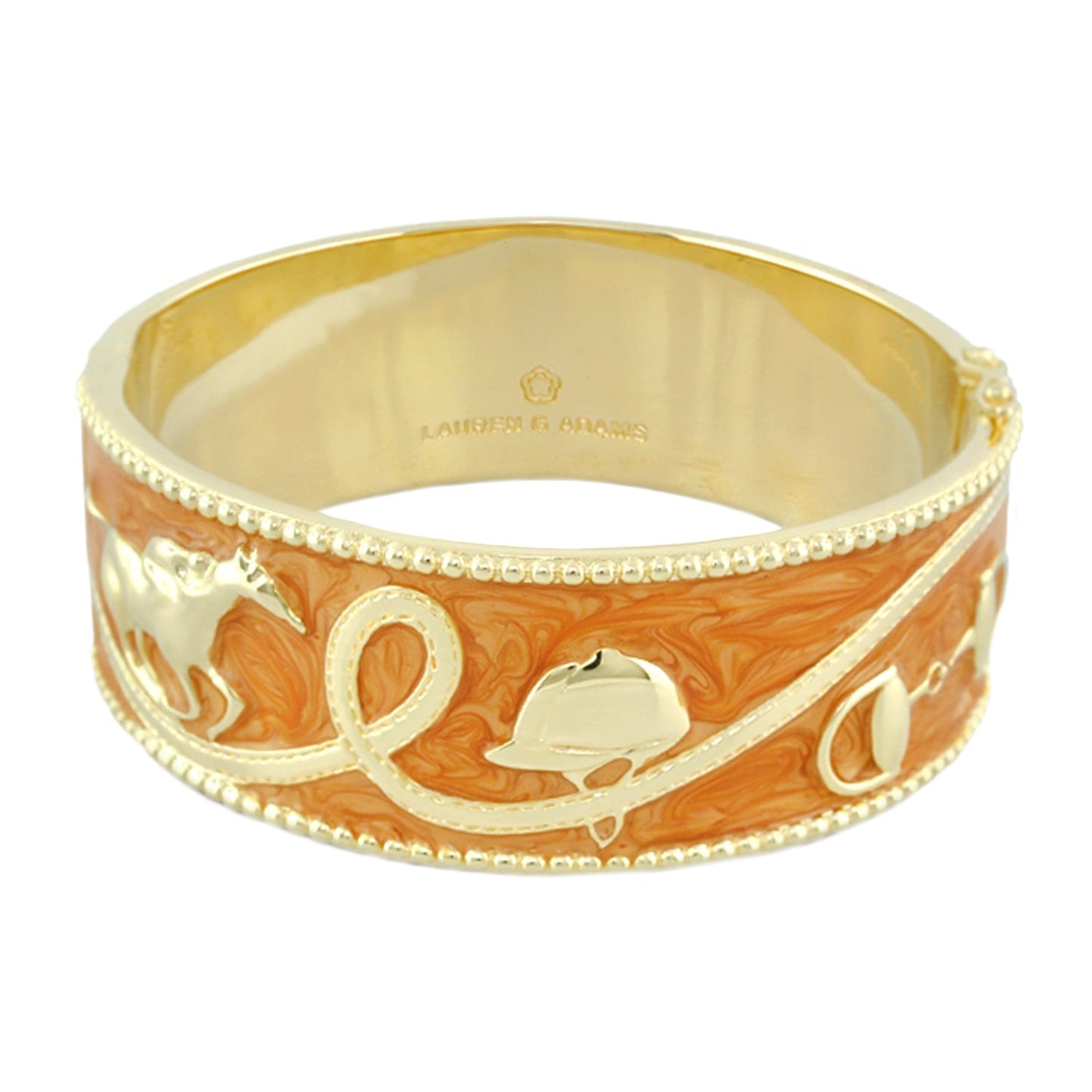 Pink Label Equestrian Bangle by Lauren G Adams, gold-tone hinged bracelet with orange enamel on Tampa Home & Garden Store