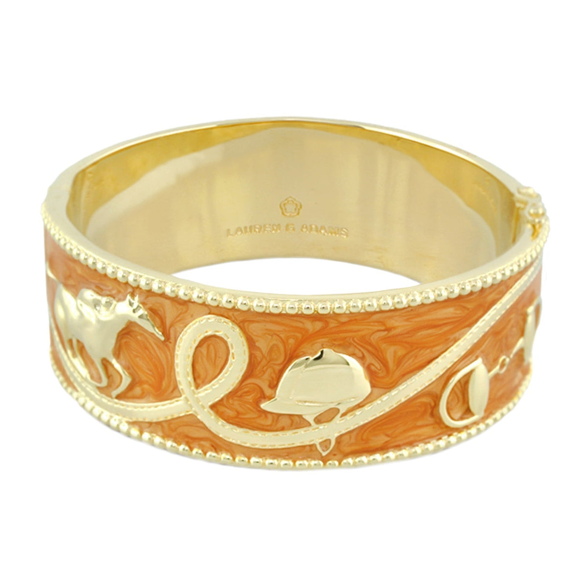 Pink Label Equestrian Bangle by Lauren G Adams, gold-tone hinged bracelet with orange enamel on Tampa Home & Garden Store