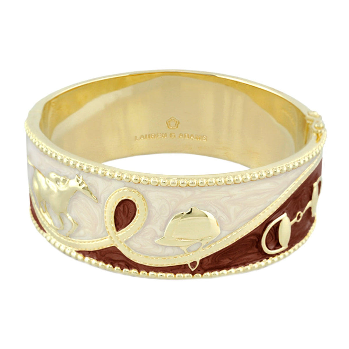 Pink Label Equestrian Bangle hinged bracelet gold with white enamel maroon Lauren G Adams on Tampa Home & Garden Store