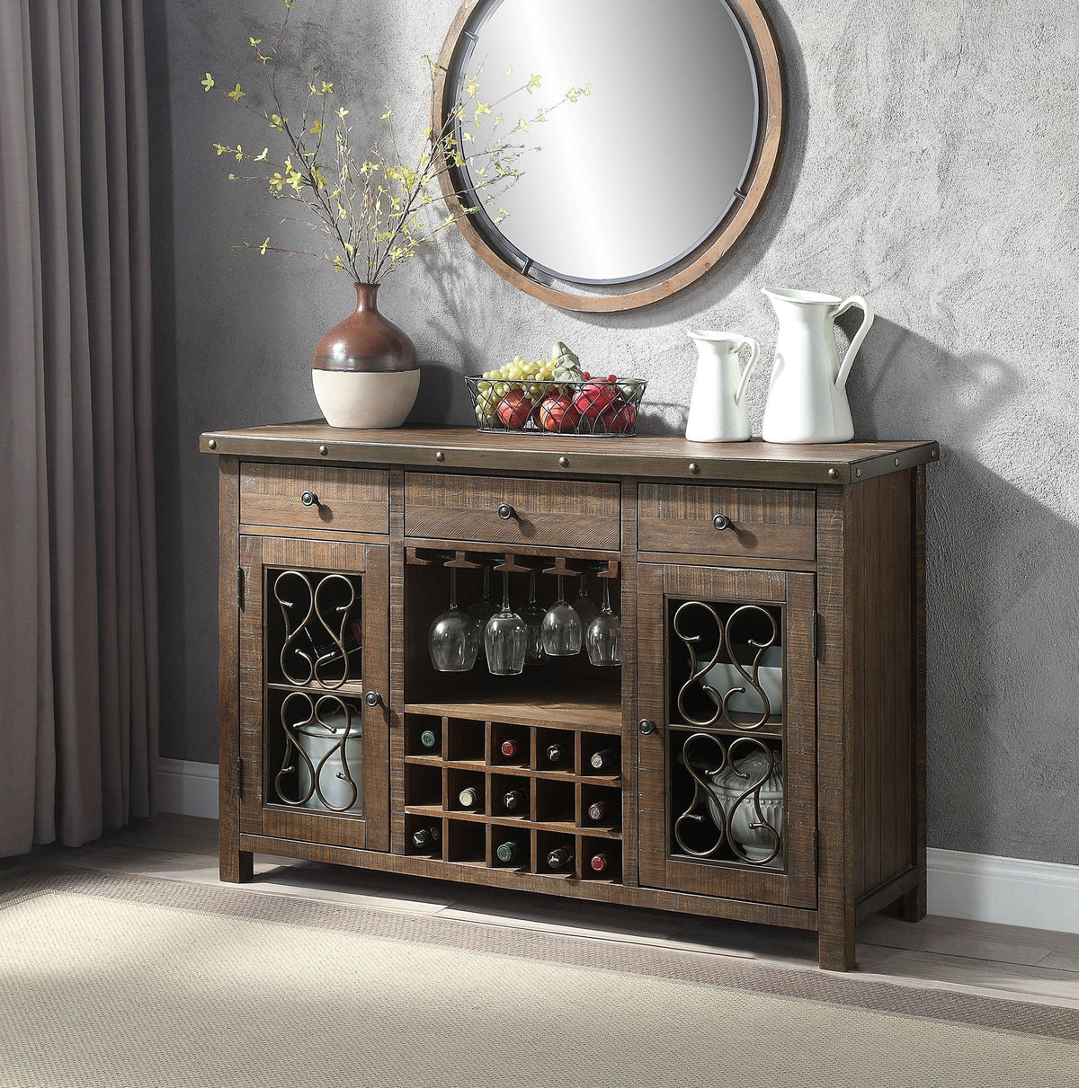 Raphaela Server with Cup Holder & Wine Rack Cherry finish on rustic wood sideboard on Tampa Home & Garden Store
