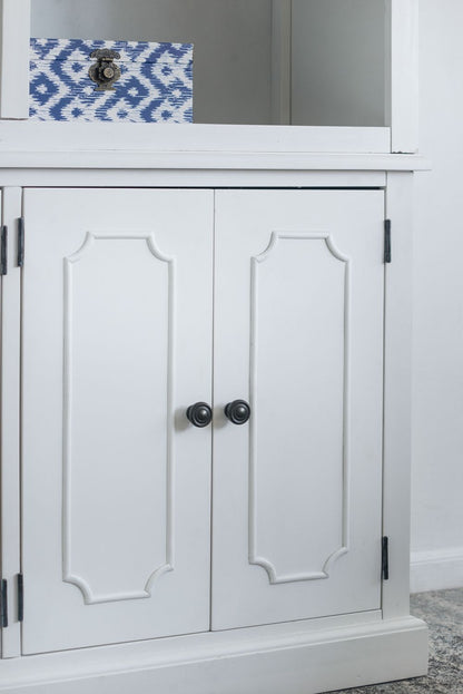 French Country Acacia Bookcase, white two-door cabinet with black knobs on Tampa Home & Garden Store