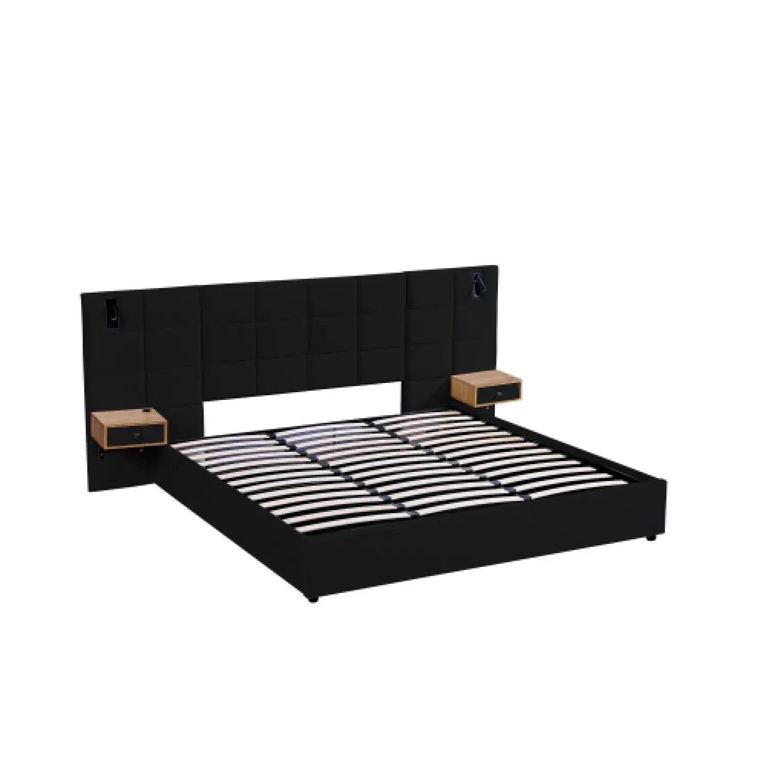 Upholstered platform bed with storage and black tufted headboard on Tampa Home & Garden Store