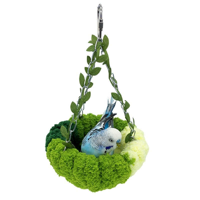 Forest Style Plush Hammock Bird Nest Swing in green moss with a blue budgie Sell My Stuff on Tampa Home & Garden Store