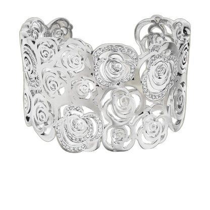 Rose Garden Cuff Bangle silver-tone bracelet with rose filigree and crystal accents on Tampa Home & Garden Store