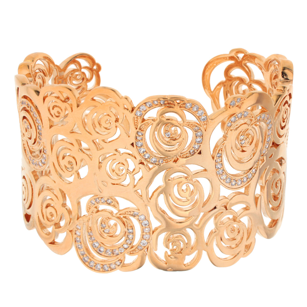 Rose Garden Cuff Bangle by Lauren G Adams in rose gold with rose motifs and crystal accents on Tampa Home & Garden Store