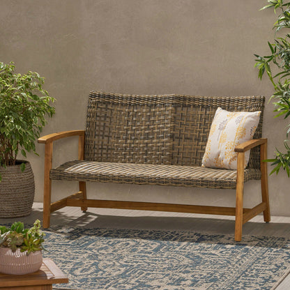 Outdoor Rattan Loveseat and Acacia Wood Frame