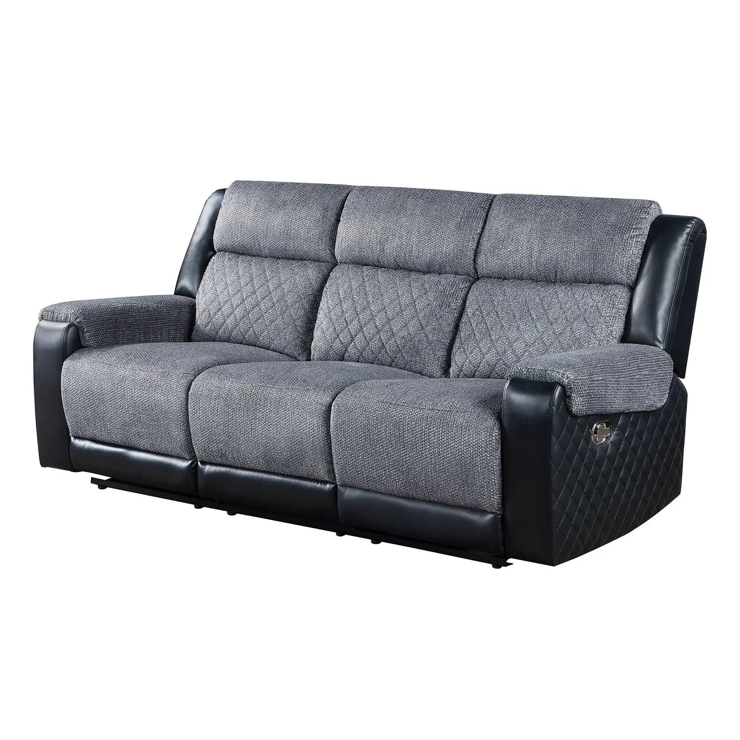 Alicia reclining sofa in gray textured fabric with black faux-leather arms on Tampa Home & Garden Store
