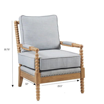 Open back spindle arm chair with padded arms in light blue gray upholstery HouseOfZazla on Tampa Home & Garden Store