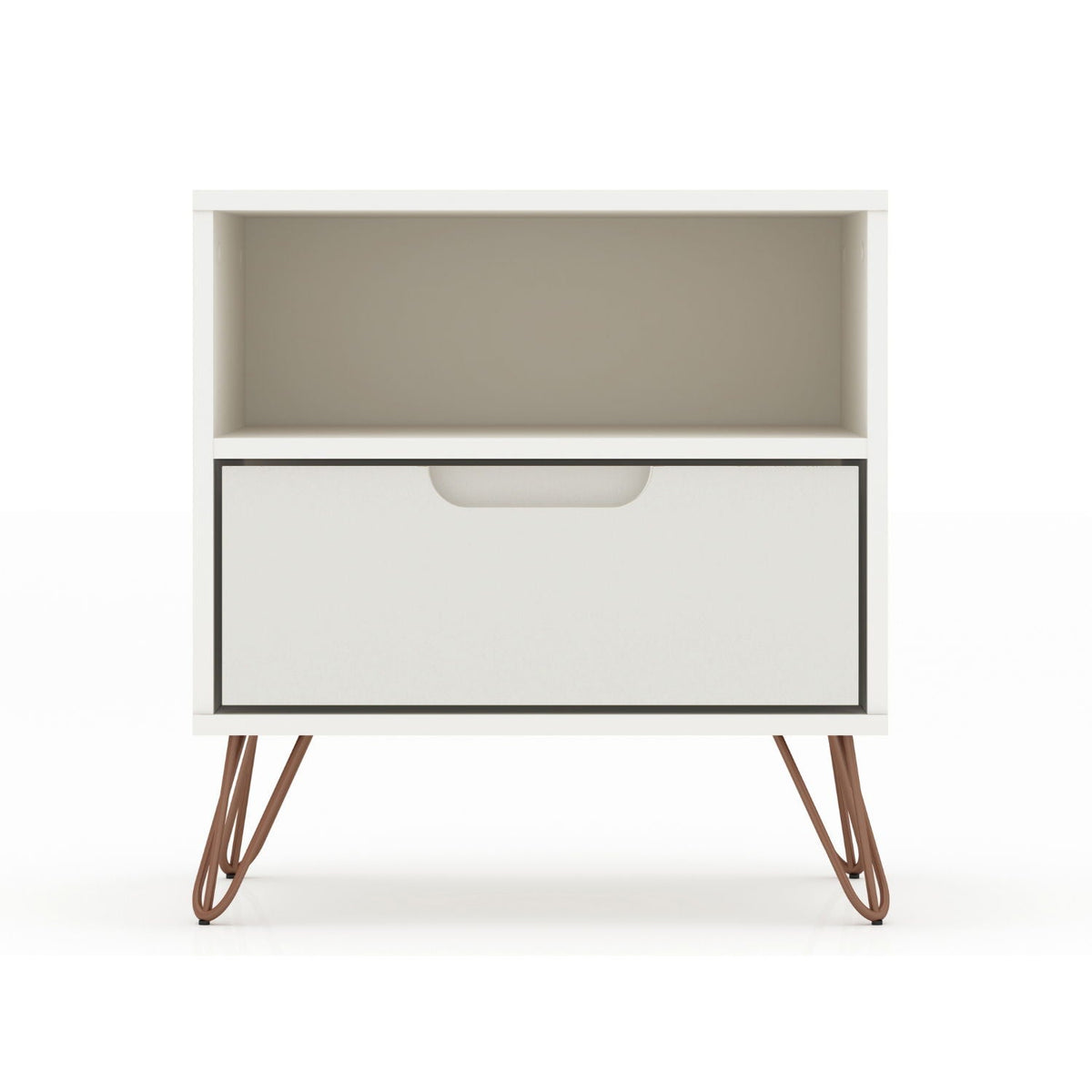 Rockefeller Nightstand with 1 drawer and splayed legs, white frame, gray front, copper legs on Tampa Home & Garden Store