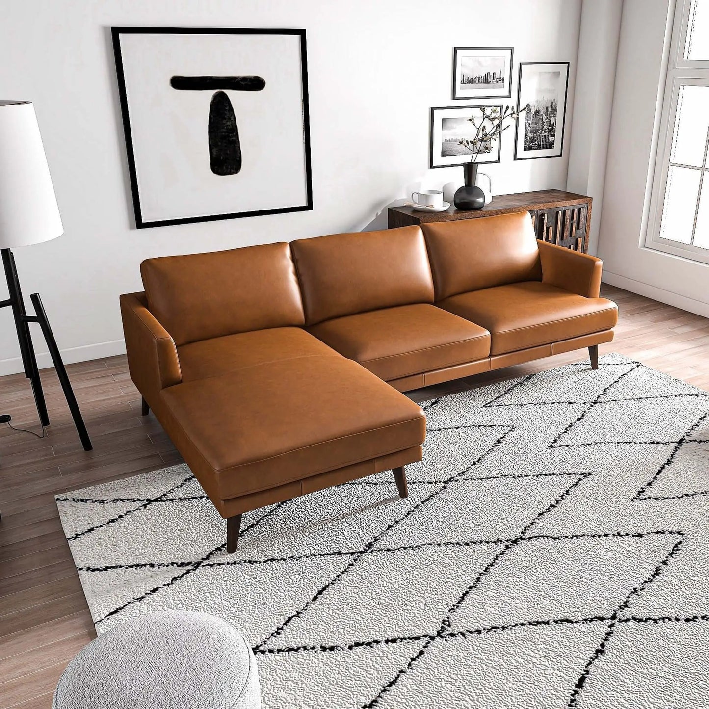 Lore L-Shaped Sectional tan leather, stationary by Unique Piece Furniture in a living room on Tampa Home & Garden Store