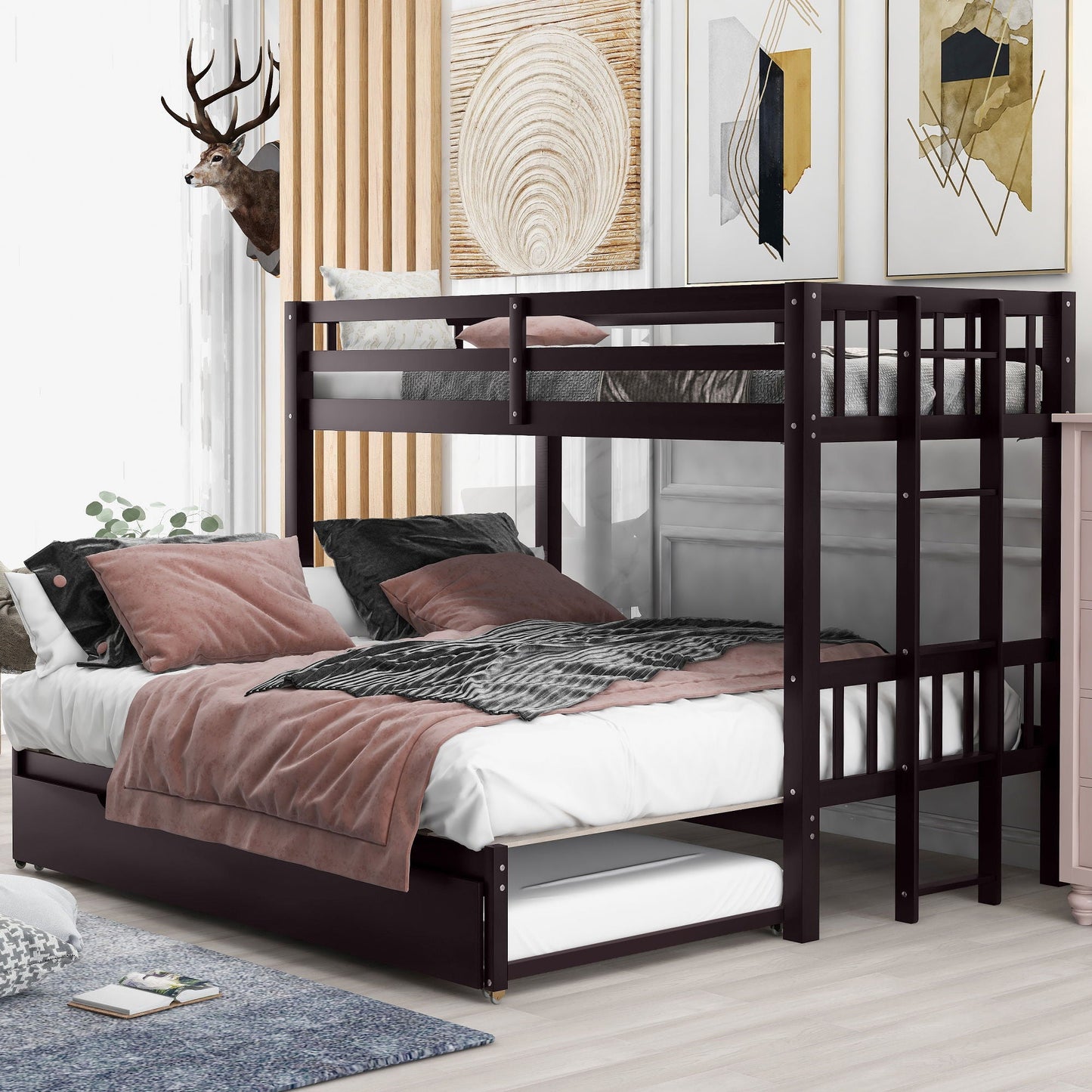 HouseOfZazla Smooth Mobility Bunk Bed With Trundle dark brown metal bunk bed 2 levels on Tampa Home & Garden Store