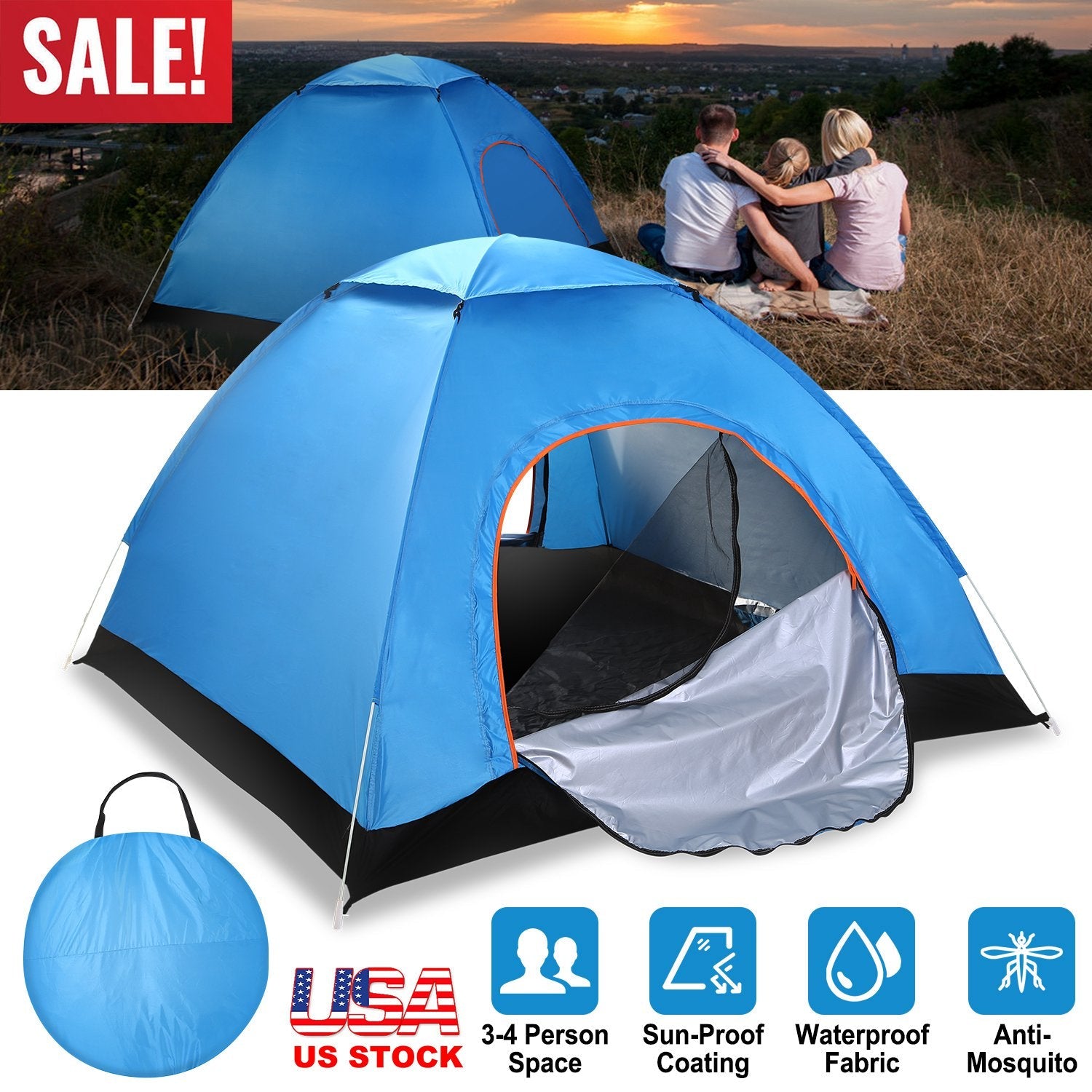 GemGear blue 4-person pop-up camping tent with two mosquito net doors and carrying bag on Tampa Home & Garden Store