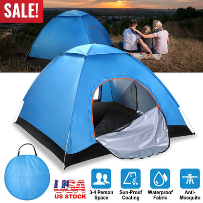 GemGear blue 4-person pop-up camping tent with two mosquito net doors and carrying bag on Tampa Home & Garden Store