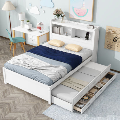 Full-size white platform bed with built-in shelves and under-bed storage drawers on Tampa Home & Garden Store