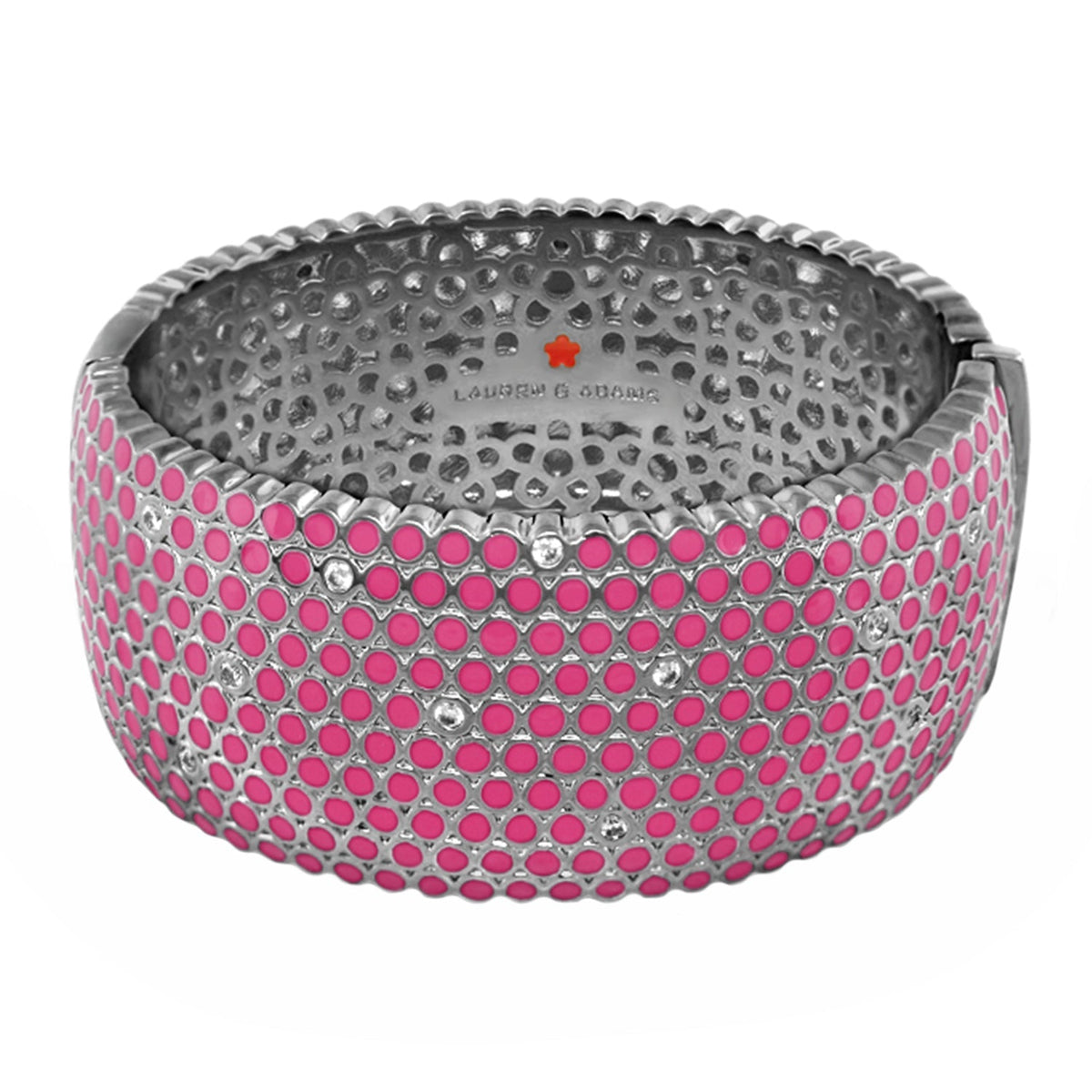 Fun Bubbles Bangle hinged bracelet silver with pink enamel dots and crystals by Lauren G Adams on Tampa Home & Garden Store