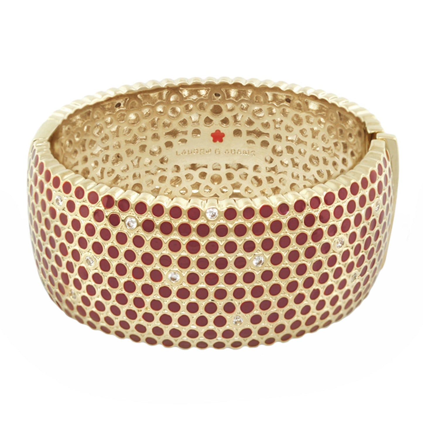 Fun Bubbles Bangle by Lauren G Adams, hinged gold bracelet with red enamel dots and crystals on Tampa Home & Garden Store