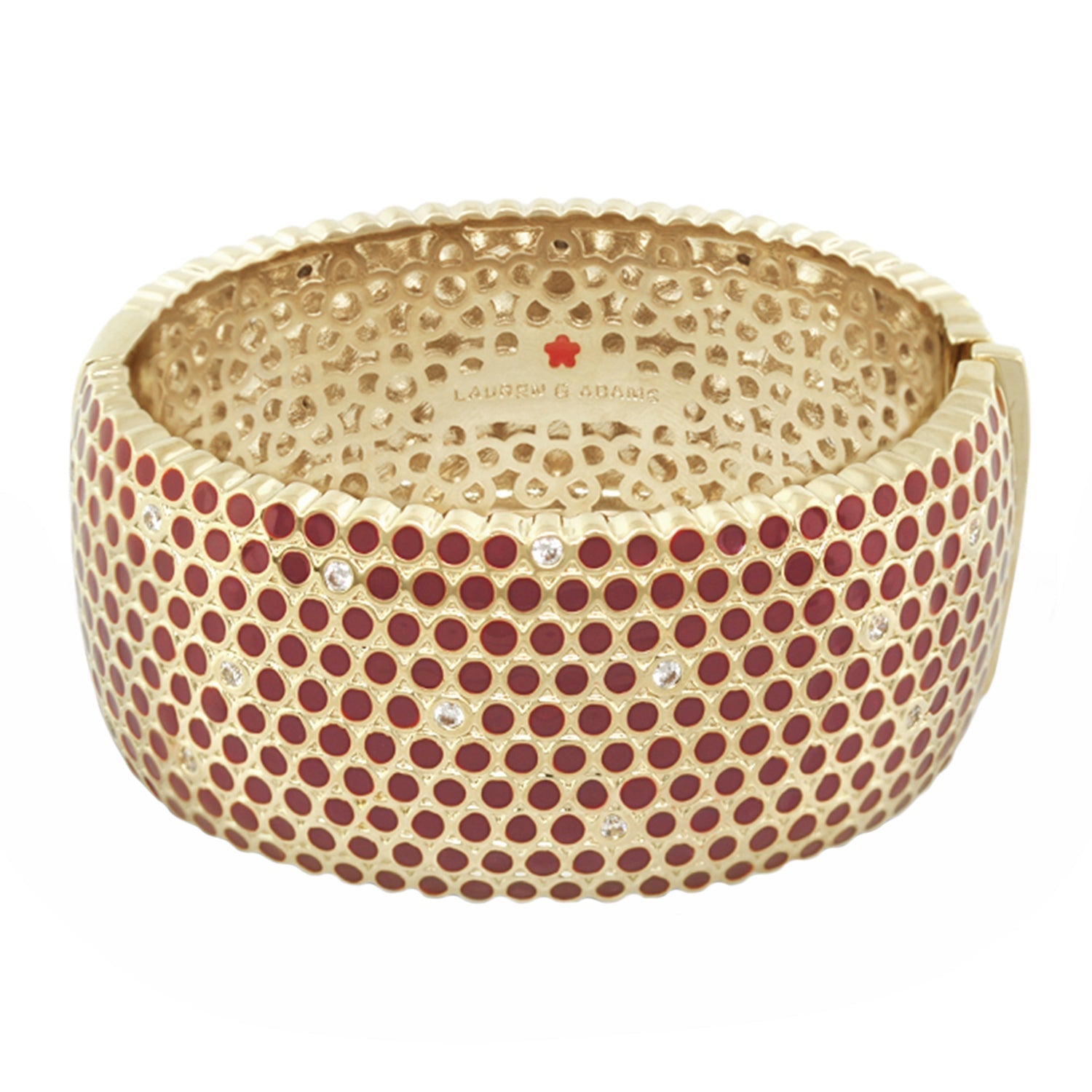 Fun Bubbles Bangle by Lauren G Adams, hinged gold bracelet with red enamel dots and crystals on Tampa Home & Garden Store