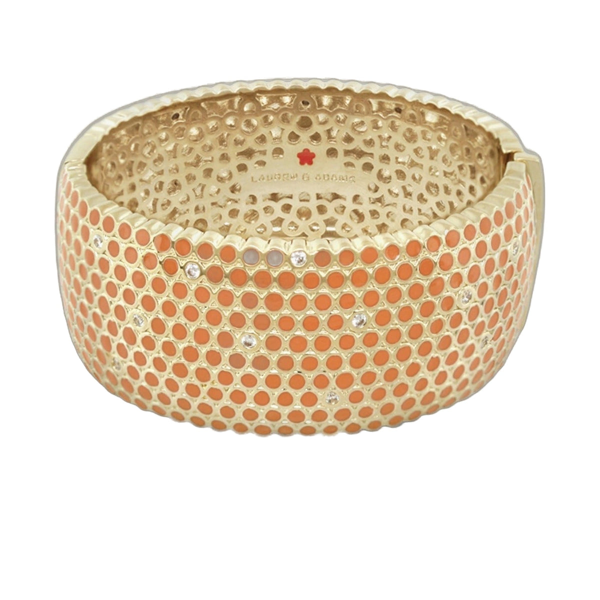 Fun Bubbles Bangle hinged bracelet in gold-tone with orange dot pattern and crystal accents on Tampa Home & Garden Store