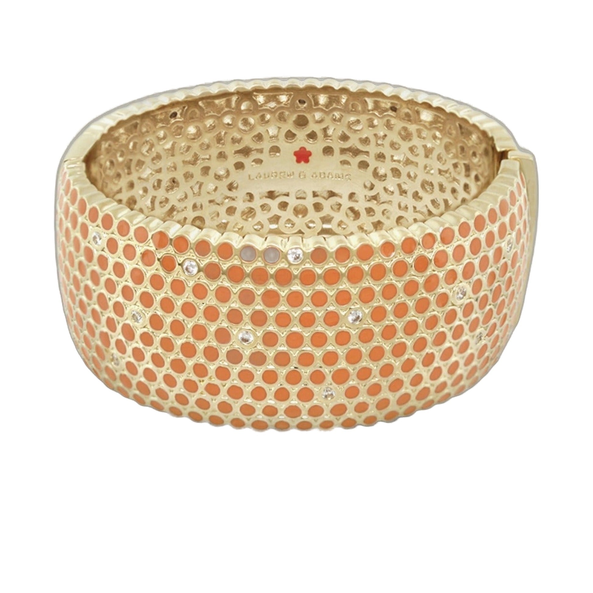 Fun Bubbles Bangle hinged bracelet by Lauren G Adams goldtone with orange dot lattice crystals on Tampa Home & Garden Store