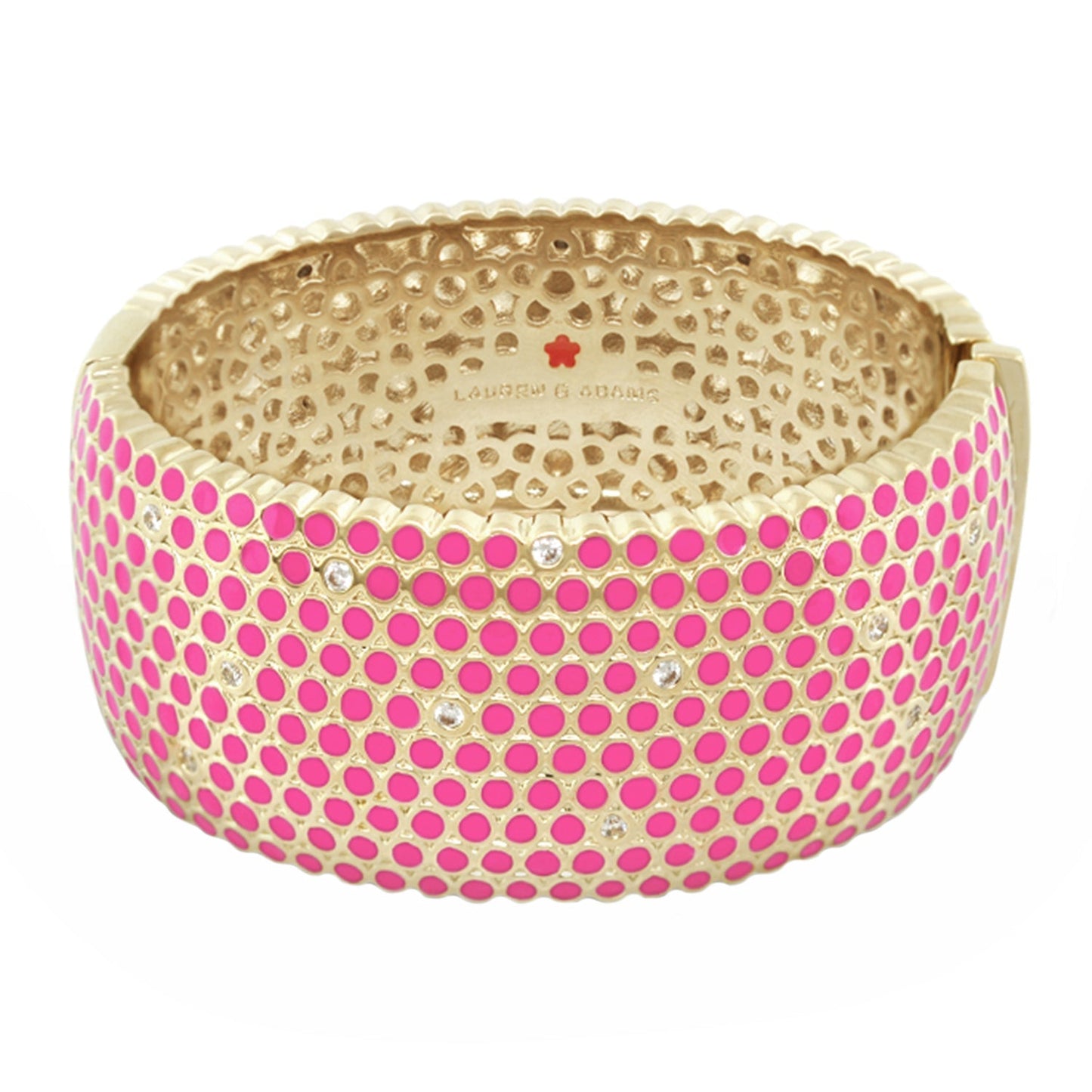 Fun Bubbles Bangle by Lauren G Adams, gold hinged bracelet with pink bubbles and crystals on Tampa Home & Garden Store