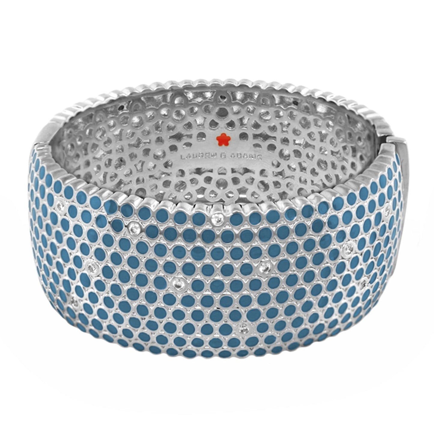Fun Bubbles Bangle by Lauren G Adams, hinged silver bracelet with blue enamel dots on Tampa Home & Garden Store