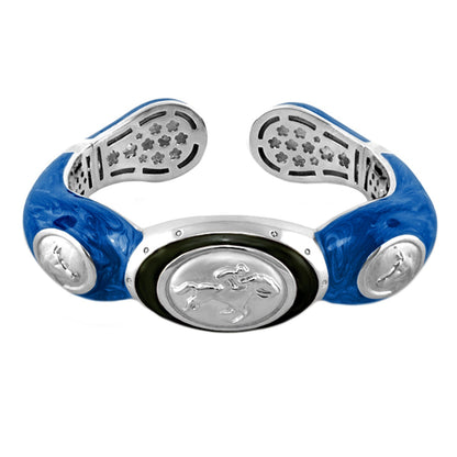 Hinged bangle bracelet Equestrian Jockey Medallion, blue leather with silver horse medallion on Tampa Home & Garden Store