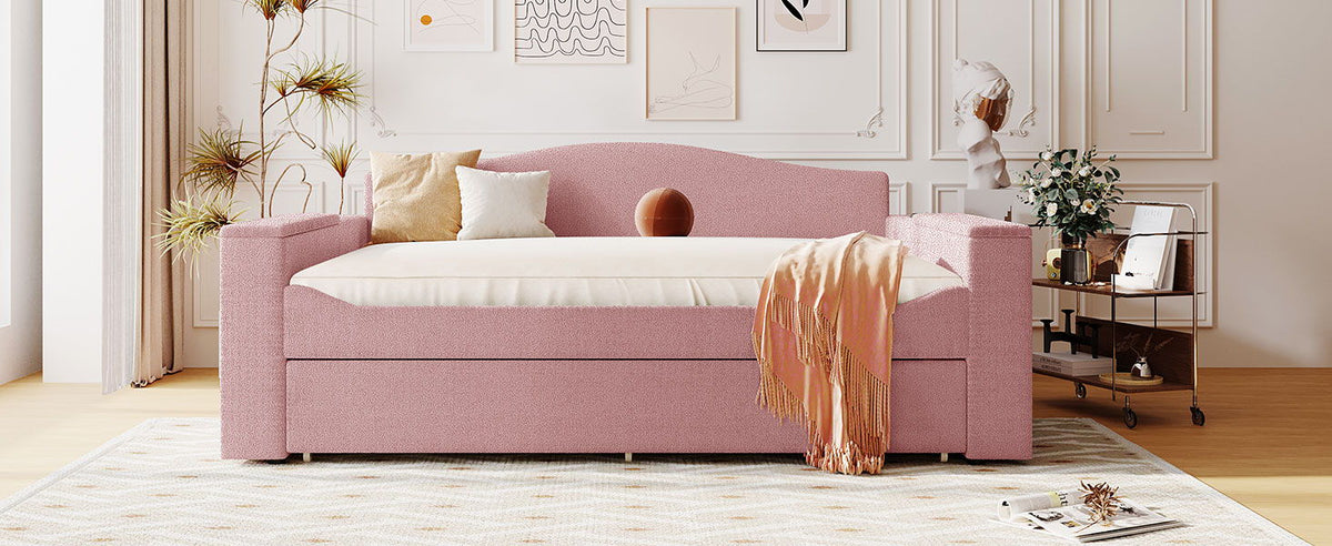 Upholstered pink daybed with storage armrests and trundle by HouseOfZazla, built-in audio system on Tampa Home & Garden Store