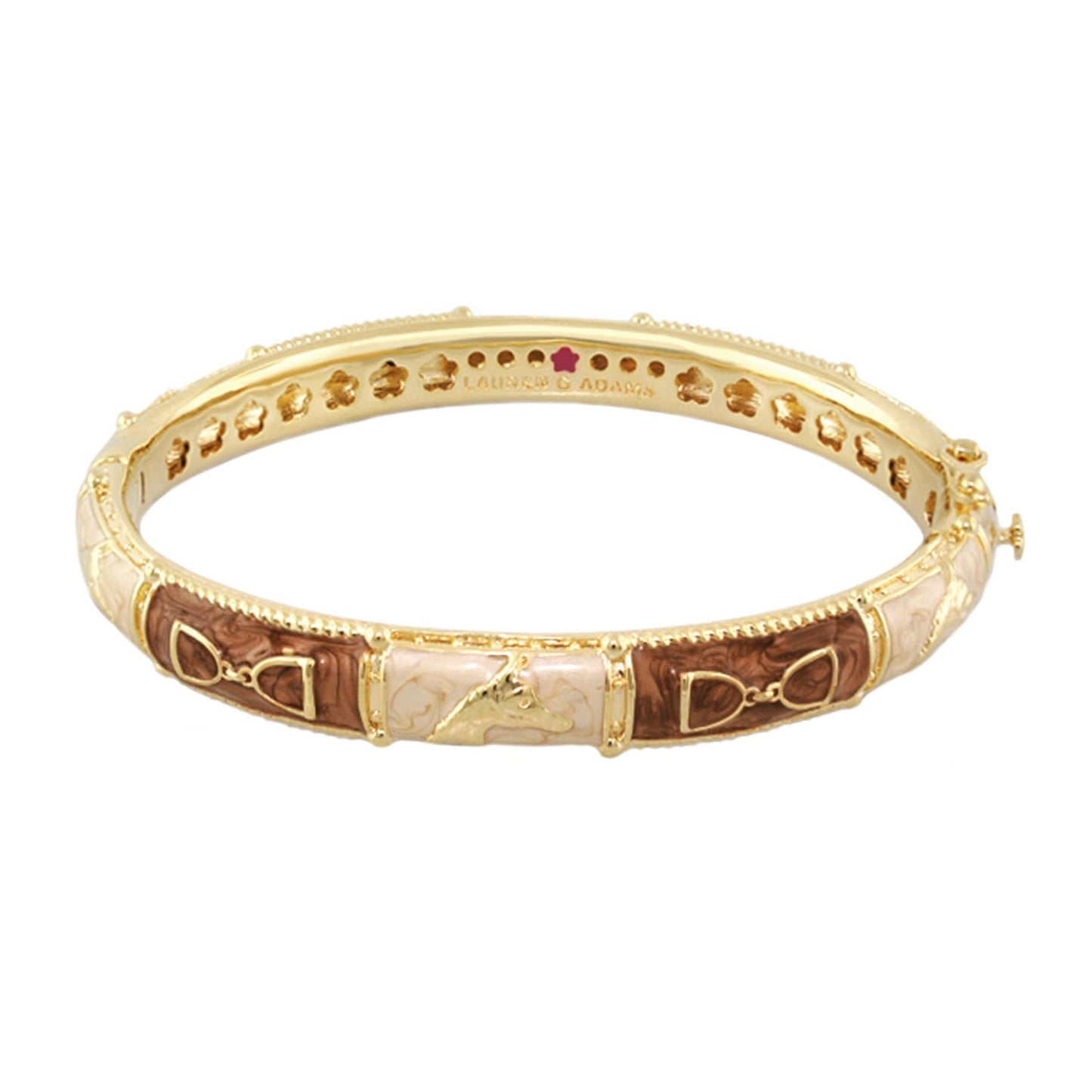 Equestrian Bangle Coral Stirrup by Lauren G Adams, gold-tone hinged bracelet with coral inlays on Tampa Home & Garden Store