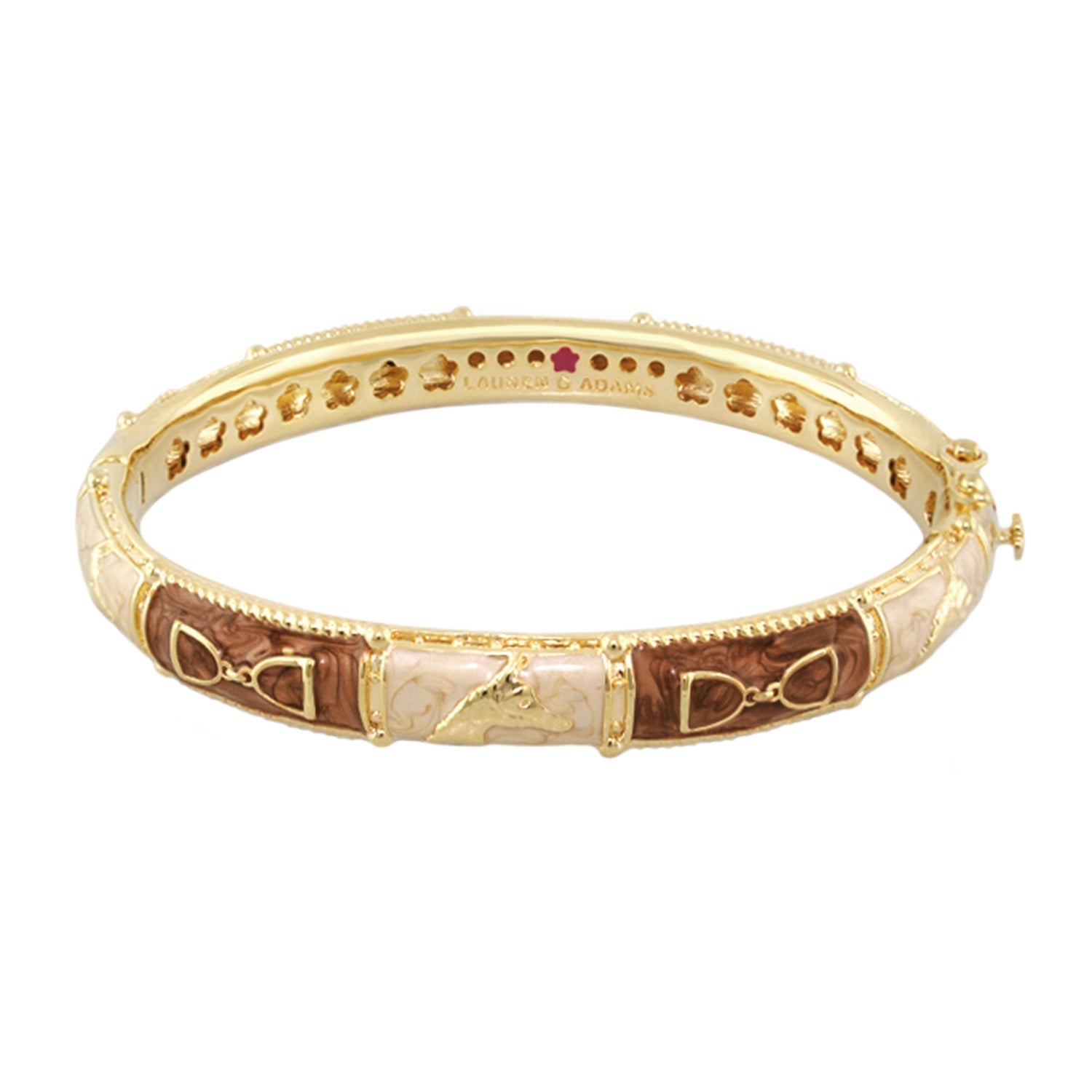 Equestrian Bangle Coral Stirrup by Lauren G Adams, gold-tone hinged bracelet with coral inlays on Tampa Home & Garden Store